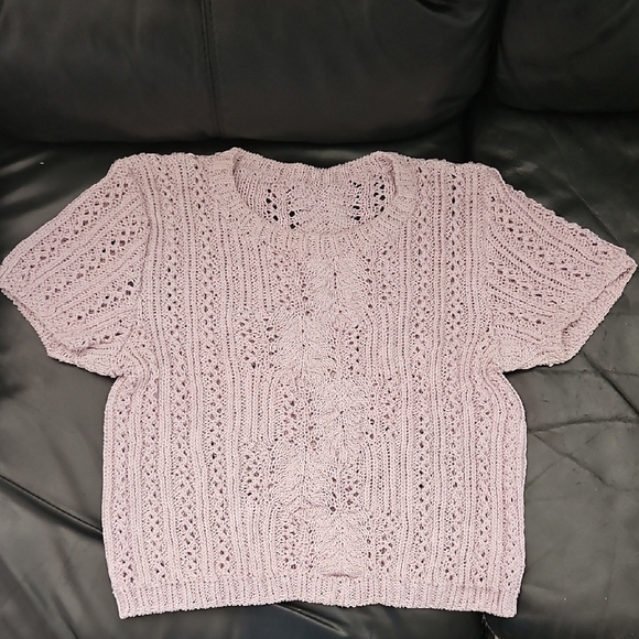 Vintage Sz Small Hand Woven Lavender  Short Sleeve Intricate Knit Top Crew Neck - Picture 1 of 8